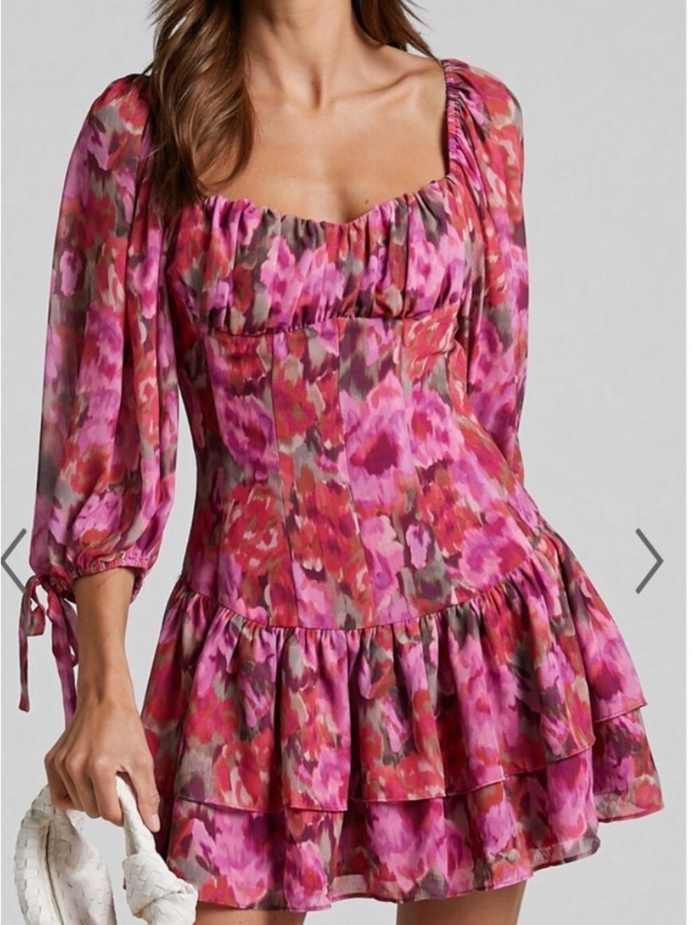 Showpo Clabelle Mini Dress Floral Pink Purple Puff Sleeve NWT Size 6 party